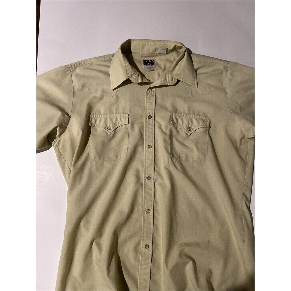 Ely Cattleman Shirt Mens Large Solid Cream Short Sleeve Cotton Pearl Snap